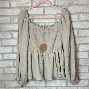 NWT BiBi Beige Smocked gauze ruffled Blouse size L